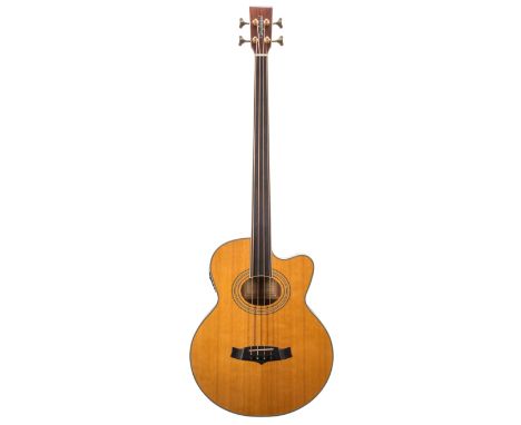 Tanglewood TW55A fretless electro-acoustic bass guitar; Back and sides: mahogany; Table: natural; Fretboard: ebony; Electrics