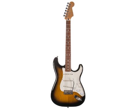 Custom build Strat type electric guitar comprising sunburst finish body (partially stripped to the back), rosewood board neck