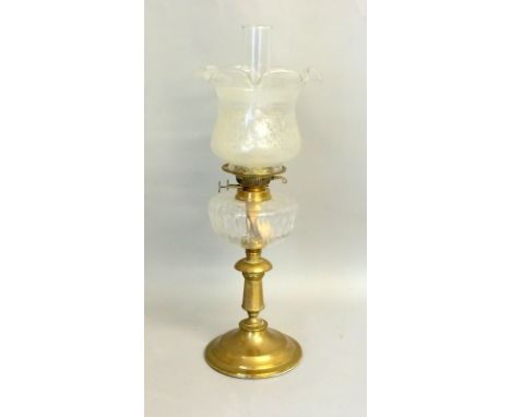 Twin burner brass oil lamp with flue and glass light shade 45cm tall