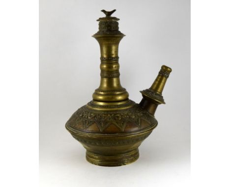 Ornate Eastern brass Hookah pipe base with bird finial lid, 20cm high.