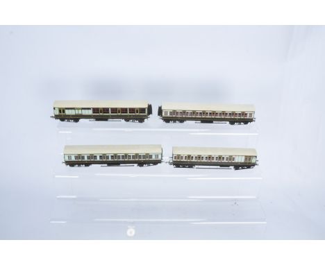 Rake of four PC 00 Gauge LNWR kitbuilt Coaches, Third/Brake (2), Third/First, All First, in plum and spilt milk livery,  all 