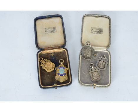 GWR Gold and Silver Fob Medals, nine carat gold shield shaped example, Social and Educational Union GWR cricket medal 1935 by