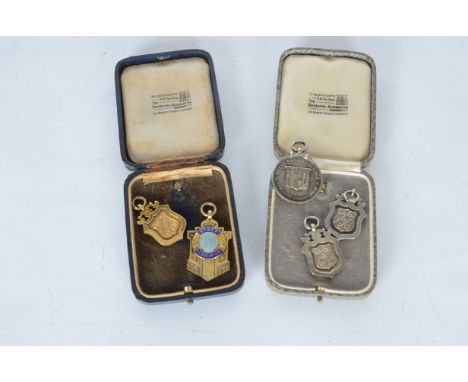 GWR Gold and Silver Fob Medals, nine carat gold shield shaped example, Social and Educational Union GWR cricket medal 1935 by