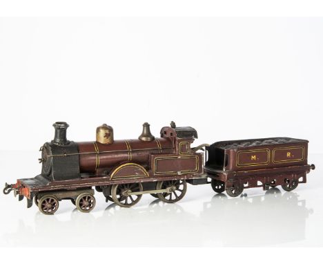 A Gauge 1 clockwork Bing (for Bassett-Lowke) MR 4-4-0 Locomotive and Tender, with two-speed mechanism and plain coupling rods