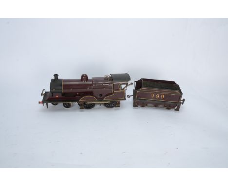 A restored/repainted Märklin Gauge 1 clockwork Midland Railway '999' 4-4-0 Locomotive and Tender, refinished in lined crimson