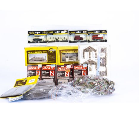 N Gauge Track Side Accessories and Peco Track, various packaged items, Graham Farish by Bachmann, double deck buses (4), Stat