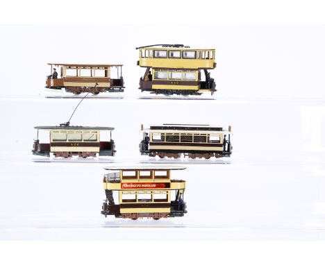 Five Kitbuilt motorised 00 Gauge London County Council Trams, all in shades of unlined brown and cream, single-deck bogie car