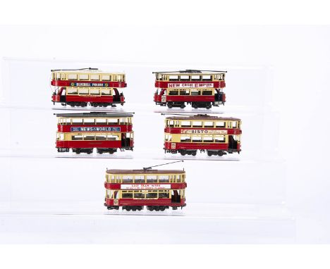 Five Kitbuilt motorised 00 Gauge London Transport bogie Trams, of E/1 and E/3 classes, all in LT red/cream livery and four wi