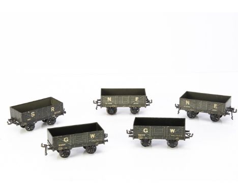 Bassett-Lowke 0 Gauge Open Wagons, five 1930s wagons comprising 2 GW No. 91694 in grey, two NE 130911 in light grey and one S