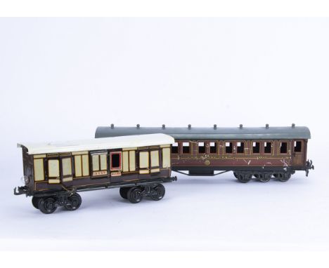 Bing and Bassett-Lowke Gauge 1 LNWR and LMS Coaching Stock, an early Bing bogie full brake coach in L&amp;NWR brown and ivory