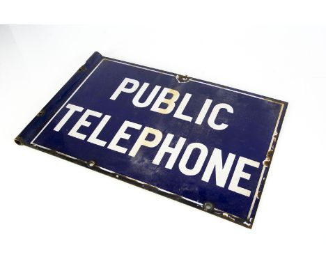 Enamelled Iron Public Telephone Sign, a double sided original Public Telephone sign, white lettering on a blue ground, mounti