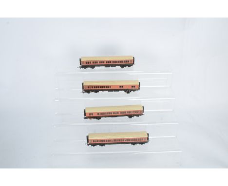 Four 00 Gauge LSWR kitbuilt Coaches, First/Third, All Third, First/Third/Brake and Third/Brake, in chocolate and pink livery,