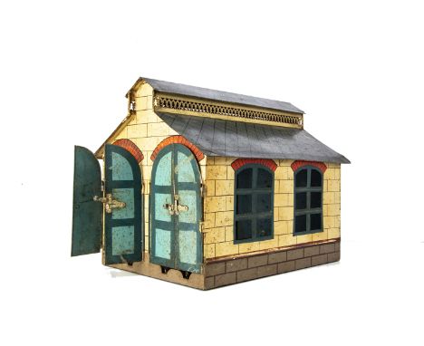 An early-production Bing Gauge 1 Hand-painted Engine Shed, with two tracks 14" long and double doors to each bay, hand-enamel
