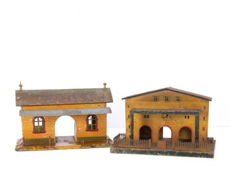 Vintage large-scale Stations by Bing and Kibri, the Bing station with detachable corrugated canopy and roof, the embossed bri