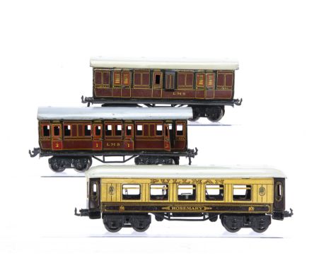 Three vintage Bing 0 Gauge Coaches, comprising brown/cream lithographed Pullman car 'Rosemary' with original light grey roof 