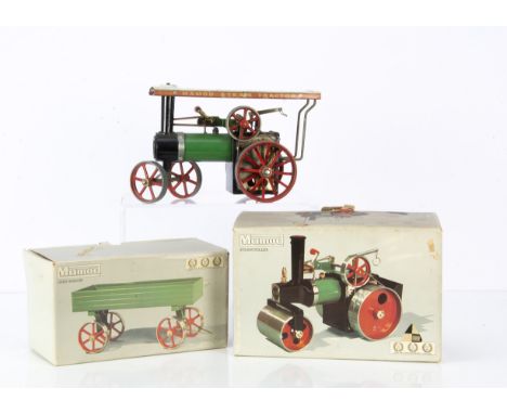 Mamod TE1A Traction Engine SR1A Steam Roller and Open Wagon, all in green with red trim, the TE1a unboxed and fairly well-use