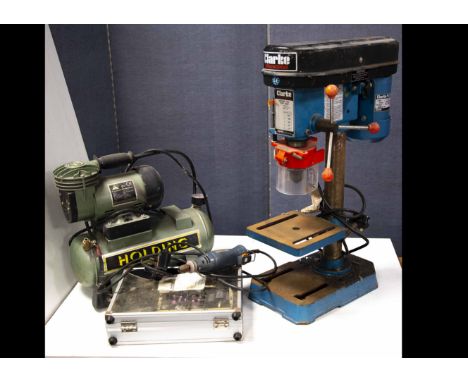 A Clarke Workshop Pillar Drill and other Power Tools, the Clarke drill on vertical stand ref CDP 5DC, with ½" chuck and key, 