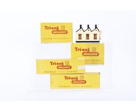 Pair of Tri-ang TT Gauge T118 Cattle Docks and T34 Engine Shed Double Track, one Dock with fencing and gates glue to base and