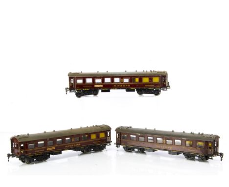 Three vintage Märklin 0 Gauge 'Mitropa' Restaurant Cars, all in Mitropa crimson livery, one in original box No. 19420, labell