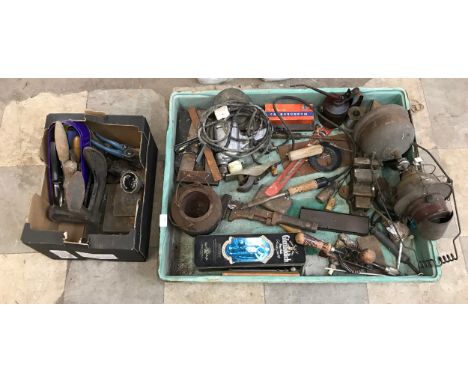 Assorted vintage tools, including vices, tilley lamps, etc.