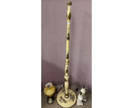 A cream Japanned standard lamp and a pair of onyx table lamps and one other 