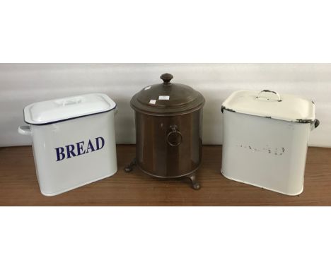 Two enamelled bread bins and a copper coal bin 