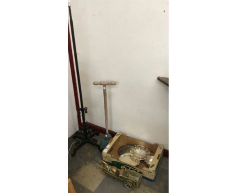 Assorted metalware, a wrought steel standard lamp and a ponch