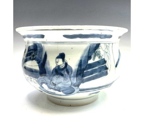 A Chinese provincial blue and white porcelain bowl, Kangxi period, decorated with figures in a garden scene, height 14.5cm, d