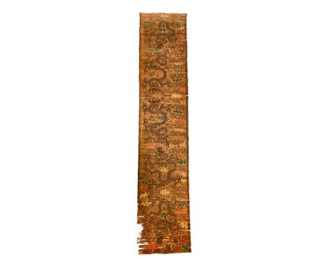A Chinese embroidered/woven silk panel, possibly 17th century, worked with five imperial five-clawed sky dragons amongst clou