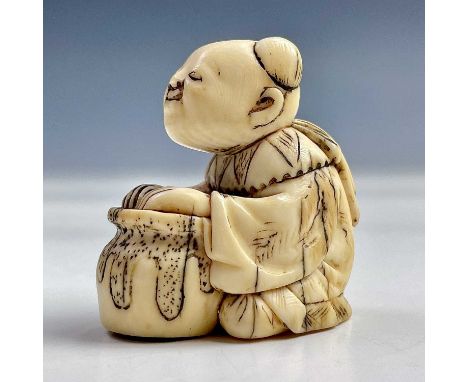 A Japanese ivory netsuke of a seated man with a pot, 19th century, signed, height 4cm, width 2.7cm, depth 3.5cm.