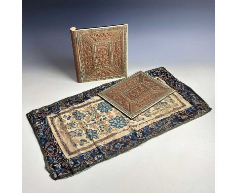 A Chinese silk embroidered panel, 19th century, with butterflies, flowers and leaves, 68 x 37cm and an Anglo-Indian carved sa