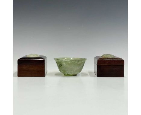 A pair of Chinese hardwood boxes, each mounted with floral carved jade panels, height 5.5cm, length 9.5cm, width 7cm and a ja