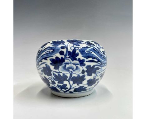 A Chinese blue and white porcelain jar, late 19th century, the body with phoenix amongst foliage, four character Kangxi mark,