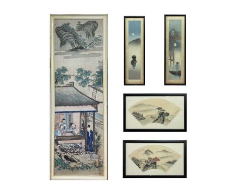 A pair of Chinese fan-shaped watercolours on silk, each depicting river scenes, signed, frame size 29.5 x 49.5cm, a large Chi