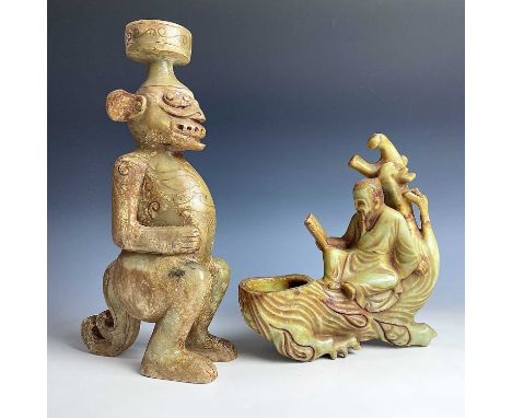 A Chinese jade-type figure of a sage, 20th century, height 22.5cm, width 21cm, depth 6cm and another jade figure, height 31.5