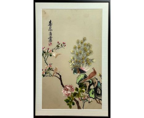 A Chinese silk embroidered picture, 20th century, decorated with exotic birds and flowering tree, calligraphy and red seal, 6