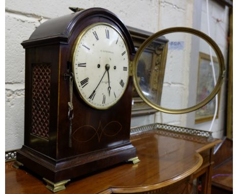 Bracket Clock, “E LIVERMORE, LONDON”, 8” dia dial, brass handle and feet, inlay detail on front, domed top, mesh sides, visib