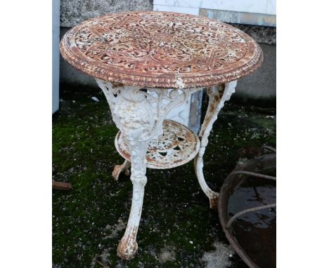 Cast Iron Garden Table, with a round fretwork top and lower shelf, 2 ft dia