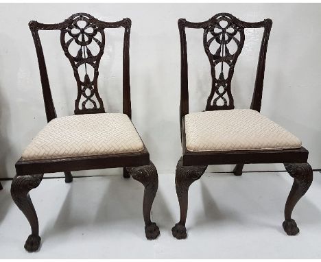 Matching Pair of Late 19thC ribbon-back Chippendale Dining Chairs, very decorative, with hairy paw feet, padded seats (2)
