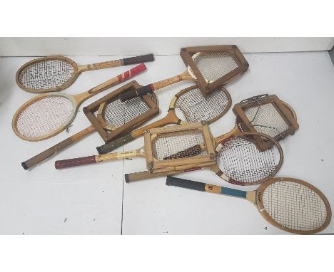 9 x vintage tennis rackets, one stamped “Portarlington”, a Bagatelle Board, a “Stock Broking” game &amp; a tin toy