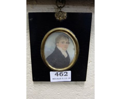Miniature Portrait (possibly a watercolour) “Lieutenant George Harrison Harvey 1816 R.N”, in an ebony frame with brass ring, 