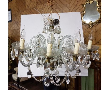 Cut crystal Chandelier with 8 roped design branches, (electric), a central bowl and oval glass droplets, 25”h x 32”w