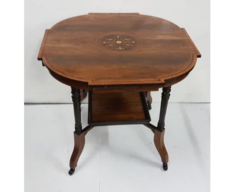 Victorian Rosewood Centre Table, the shaped top nicely inlaid with a central leaf pattern medallion, above a square stretcher