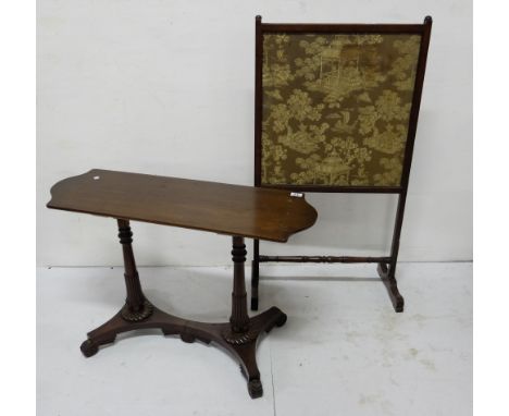 Mahogany coffee table (adapted from 2 pole screen bases) and a firescreen with silk panel (damaged) (2)