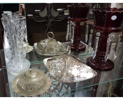 Silver plated 4 section cake dish, glass tobacco bowl on stand, cut glass vase and a red glass epergne centre piece (4)