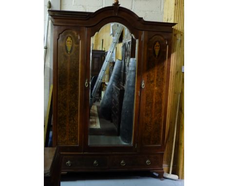 2 Piece Edw. Inlaid Bedroom Suite - Mahogany Wardrobe with a ball shaped finial over a mirror door, 2 drawers below, 59”w x 2