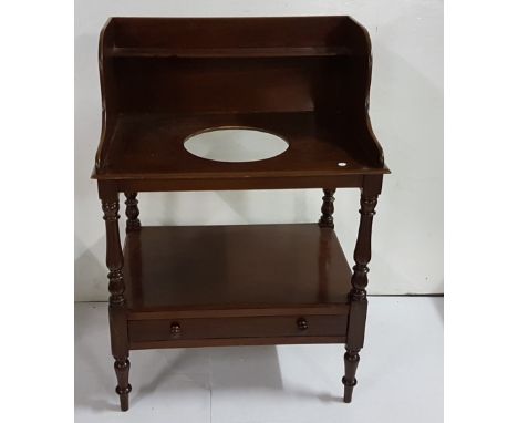 Late 19th C mahogany washstand with basin well and stretcher drawer, gallery shelf, 30"w x 41"h