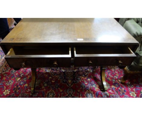 Mahogany early 20thC Sofa Table with drop end leaves, 2 apron drawers and 2 faux drawers, on 4 splayed legs and turned stretc