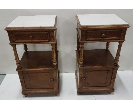 Pair French Bedside Pedestals with square white marble tops, each with a lower cabinet and shelf, 16”w x 26”h x 15”d