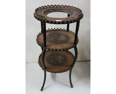 3-Tier Ebonised French Occasional Table, heavily inlaid, with well to top shelf, brass studding, on sabre legs, gilt mounts, 